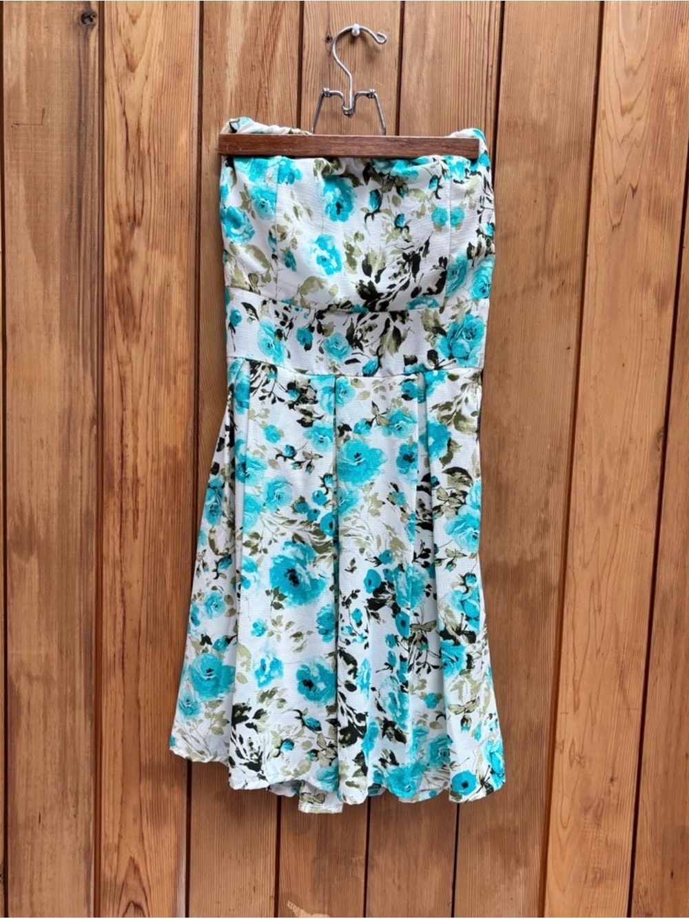 Strapless Turquoise Floral Mini Dress (Fits Like Small)